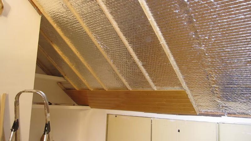 לחיצה להגדלת תמונה תקרת עליית גג משופעת עם יריעות בידוד רפלקטיביות מותקנות בין קורות עץ מעל קיר פנימי בהיר