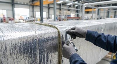 עובד מדביק סרט מטאלי דביק על מערכת מיזוג אוויר עטופה בבידוד תרמי.