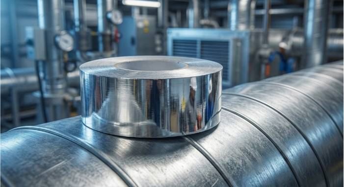 לחיצה להגדלת תמונה סרט מטאלי דביק מונח על צינור תעשייתי ומבריק בסביבת מפעל. מיועד לבידוד תרמי.