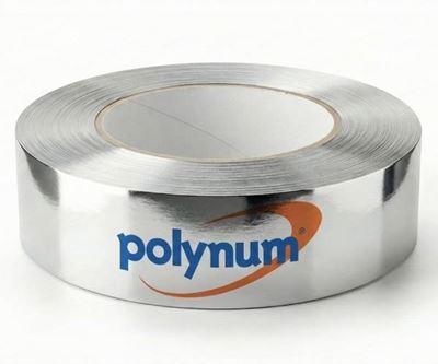 סרט מטאלי דביק מבית polynum עם גימור מבריק על רקע לבן. מתאים לבידוד תרמי ואקוסטי.