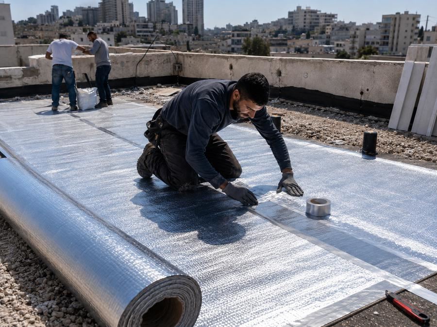 פועל מתקין יריעת בידוד תרמי רפלקטיבית על גג בטון