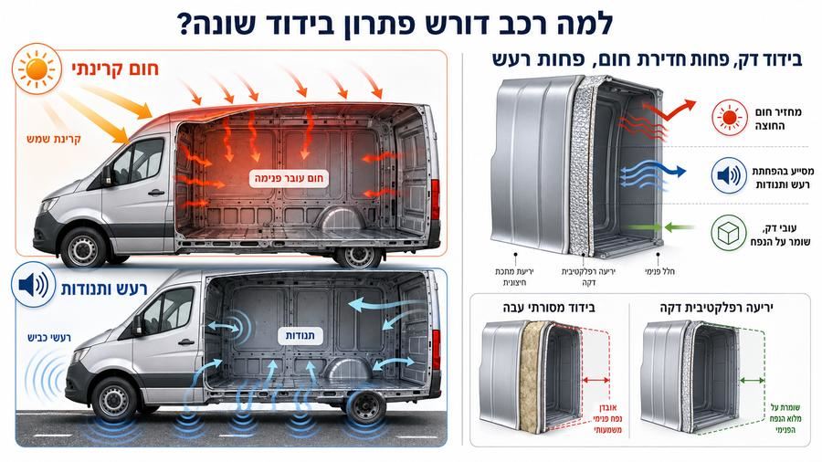 הסבר גרפי על יתרונות בידוד דק לרכב מסחרי: חום, רעש ועובי