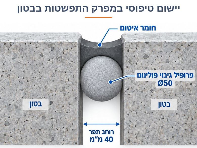 חתך תפר בטון עם פרופיל גיבוי Ø50 וחומר איטום